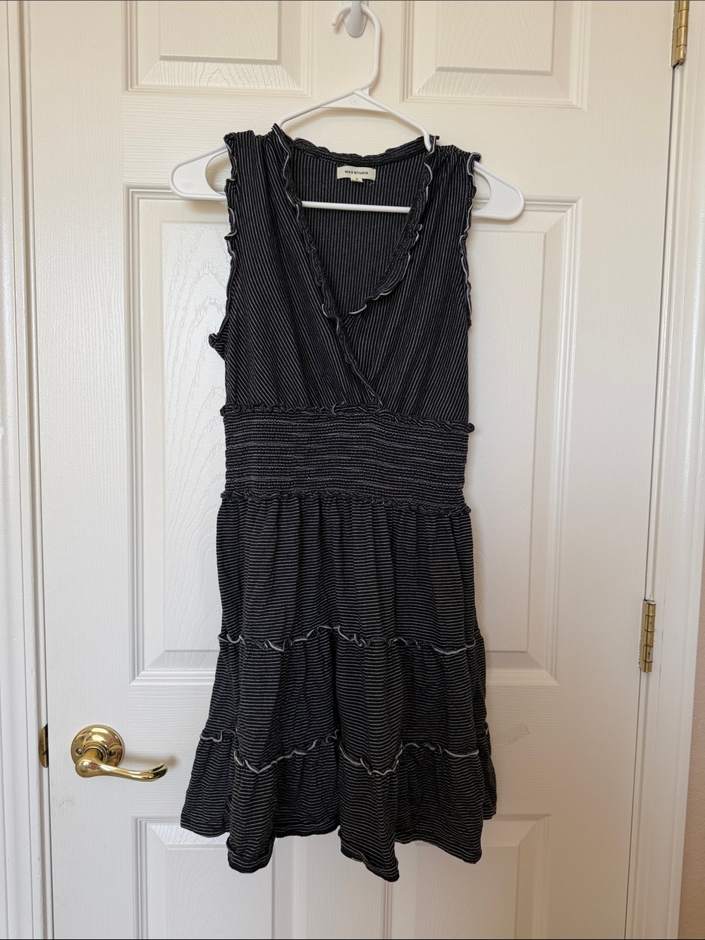 Max Studio Black & White Striped Surplice Tiered Dress